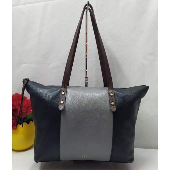 Fossil Colorblock Black Gray Pebbled Leather Double Handle Satchel Shoulder Bag - Picture 1 of 16